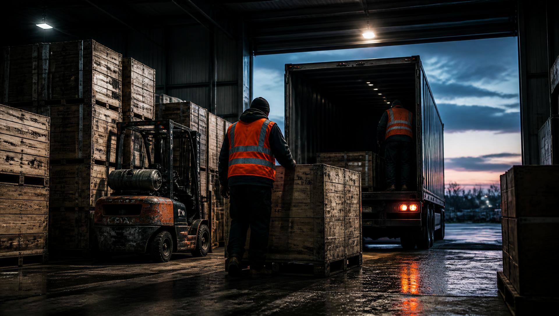Warehouse crew loading crates into a trailer at a loading dock