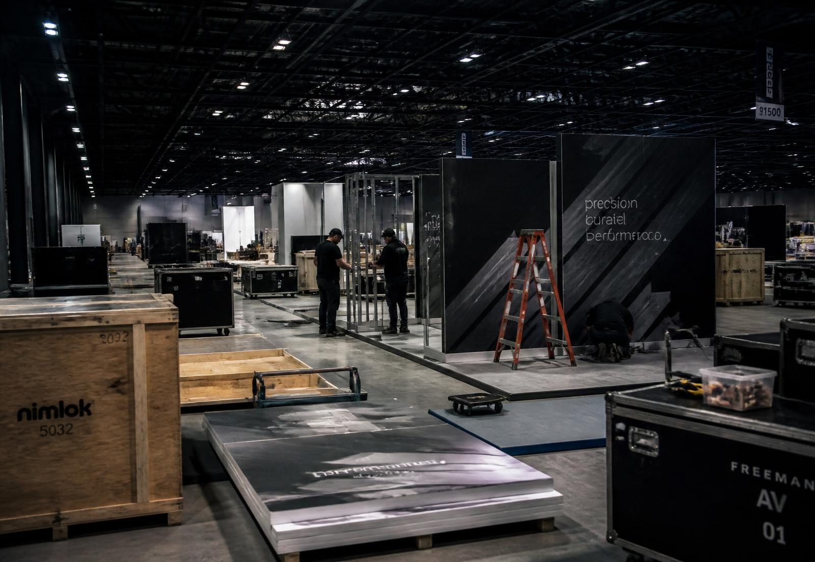 Crew staging exhibit components and crates in a project warehouse